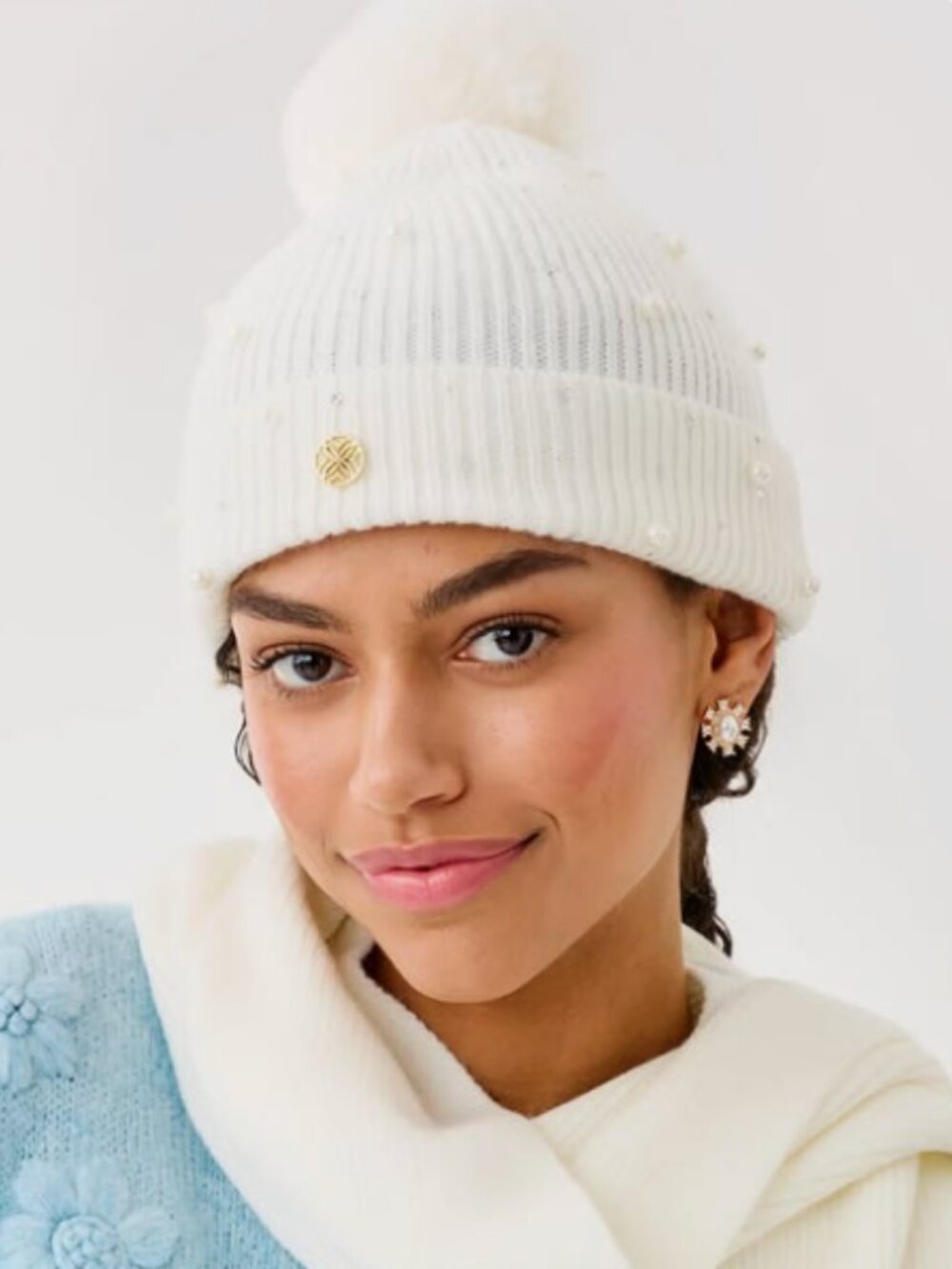 NWT Lilly Pulitzer Embellished Pom Pom Beanie Hat Coconut